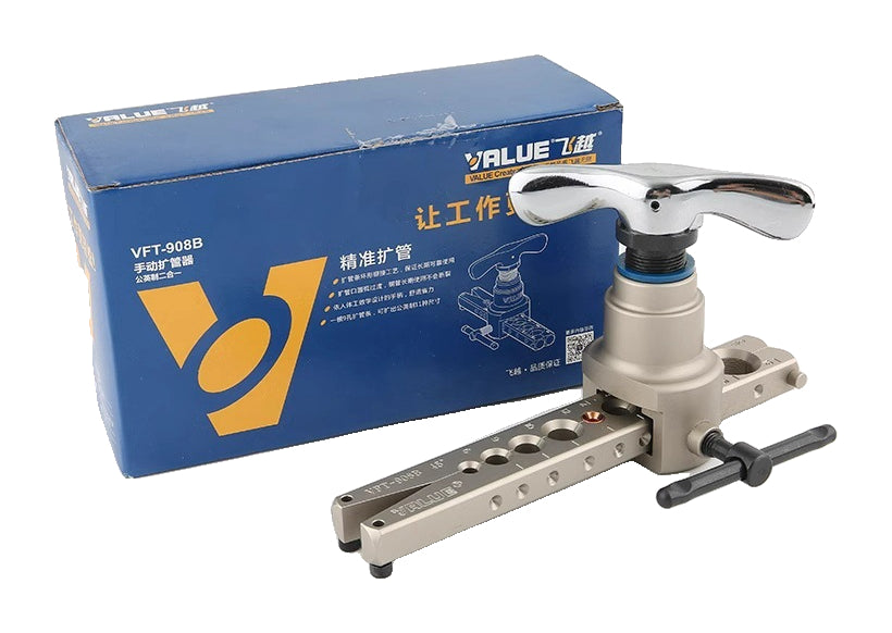 Actual VFT-908B flaring frame and integrated clamping assembly with paper box; included VFT-32 cutter is not pictured