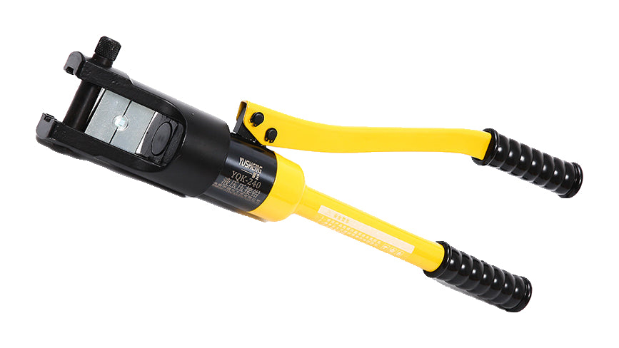 One yellow YQK240 long-head manual hydraulic cable crimper on pure white