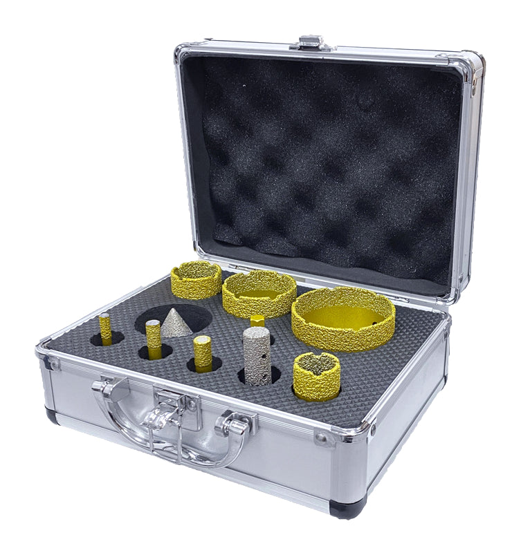 Actual 10-piece gold m14 diamond hole saw kit on white