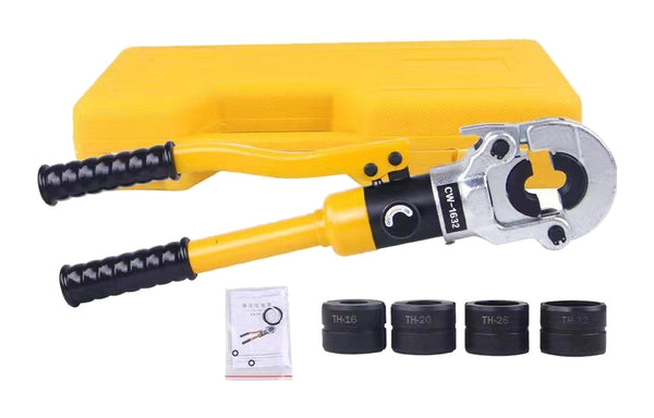 The gallery shows the actual yellow CW1632 TH kit, yellow case, four marked dies and its packaged accessories on pure white. Remote heads, larger15–50 tooling, other profiles and pumps are not individually pictured.