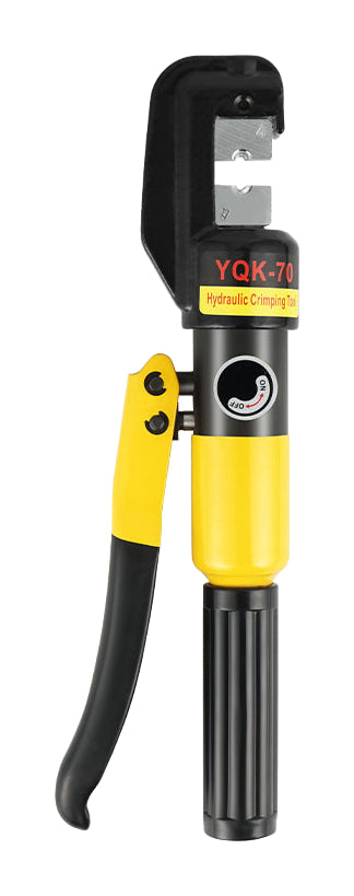 One yellow YQK-70 C-head hydraulic crimper with black grip on pure white