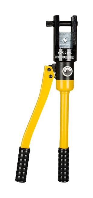 One yellow Hongld YQK240A long-head hydraulic cable crimper on pure white