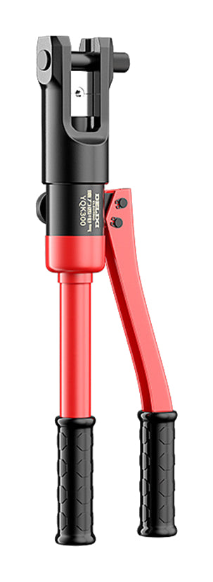 One red Delixi YYQ2612 hydraulic cable crimper with gray head on pure white