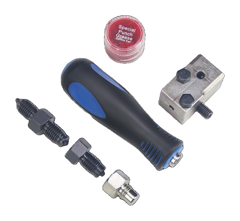 Actual handle, die block, forming adapters and tool-grease container from the 4.75 mm toolkit; the case is not pictured
