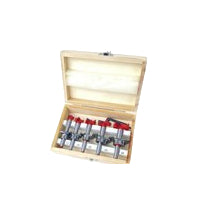 Actual five-piece red wood-boring tool set in its wooden case