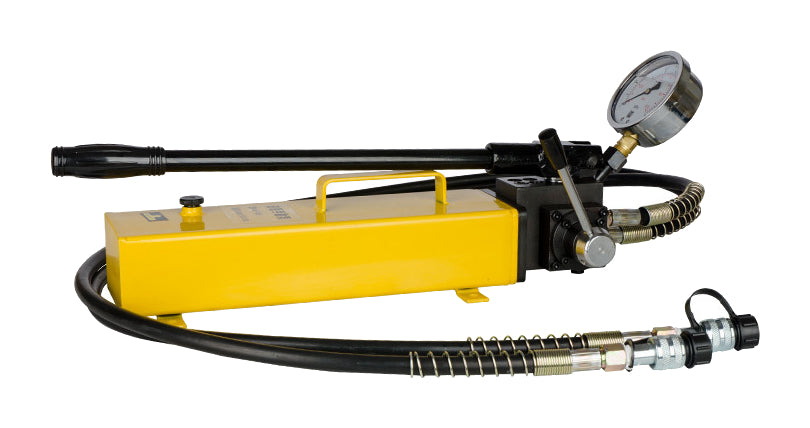 One yellow rectangular CP700S manual hydraulic pump with gauge and hose on pure white