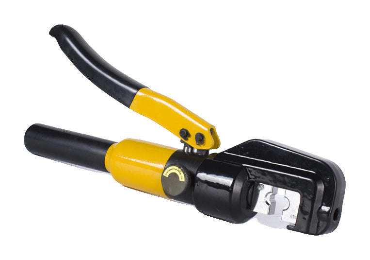 One yellow YQK70 C-head hydraulic cable crimper on pure white