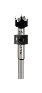 Actual complete 12 mm boring-bit accessory with stop collar, included in a named furniture drilling-jig package; main jig and other parts are not pictured