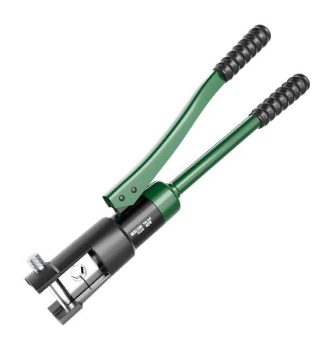One green manual hydraulic terminal crimper with black grips on pure white