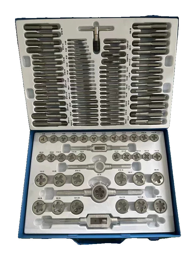 110-piece combined metric-and-inch tap-and-die set in its actual blue metal storage case