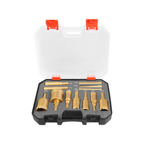 Actual 12-piece gold tile drill set with clear-lid case on white