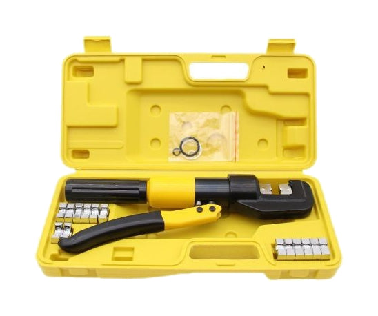 One Kaishen yellow compact hydraulic crimper and dies in an open yellow case on white