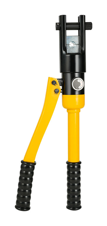 One yellow Yujiang YQK300 long-head hydraulic cable crimper on pure white
