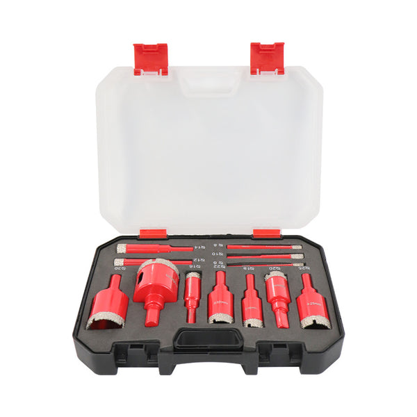 Actual 12-piece red diamond tile drill set on white