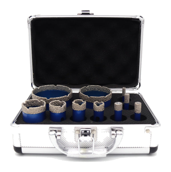 Actual 10-piece blue m14 diamond core drill set on white