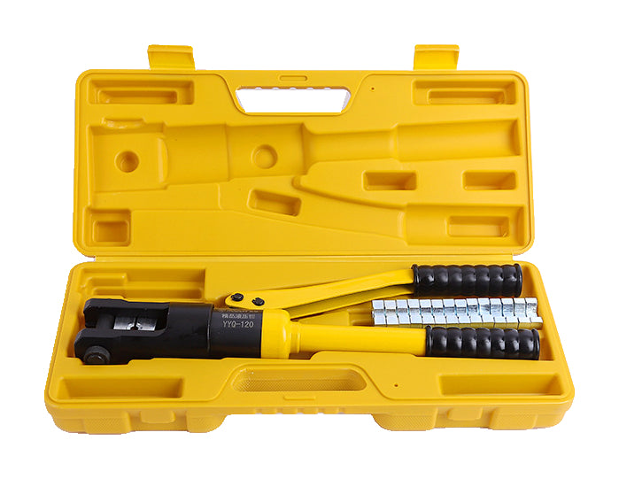 AoDun120 hydraulic crimper and dies in an open yellow case on white