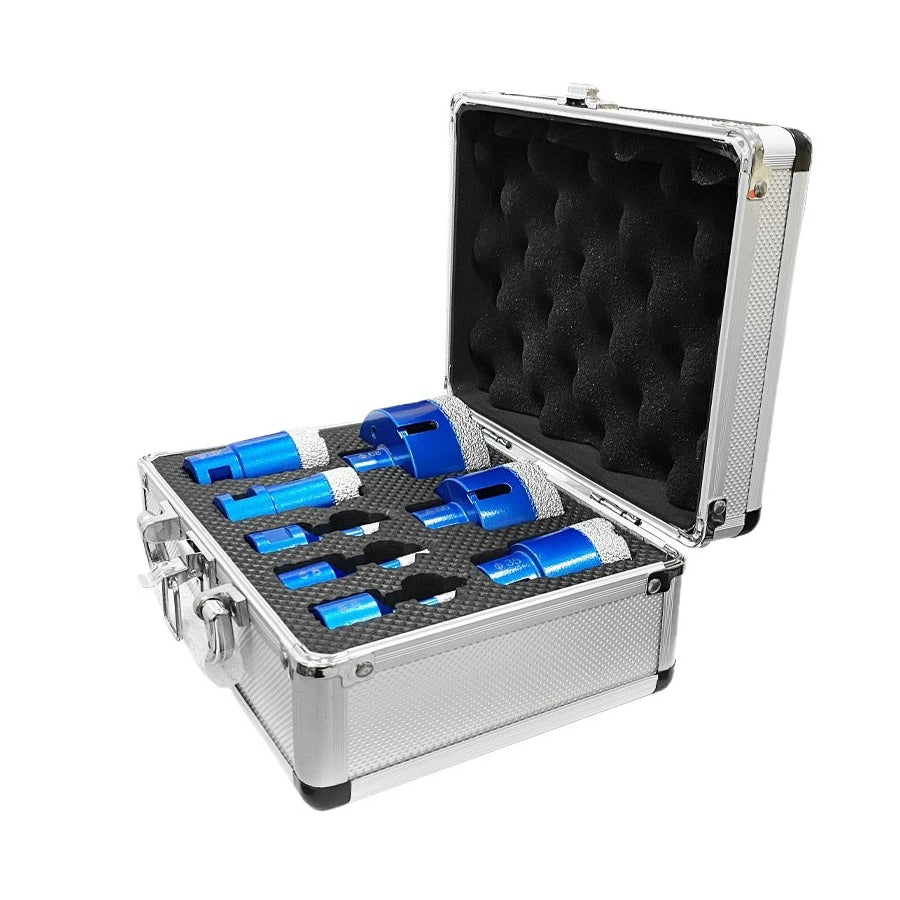 Actual 8-piece blue m14 core drill kit in case on white