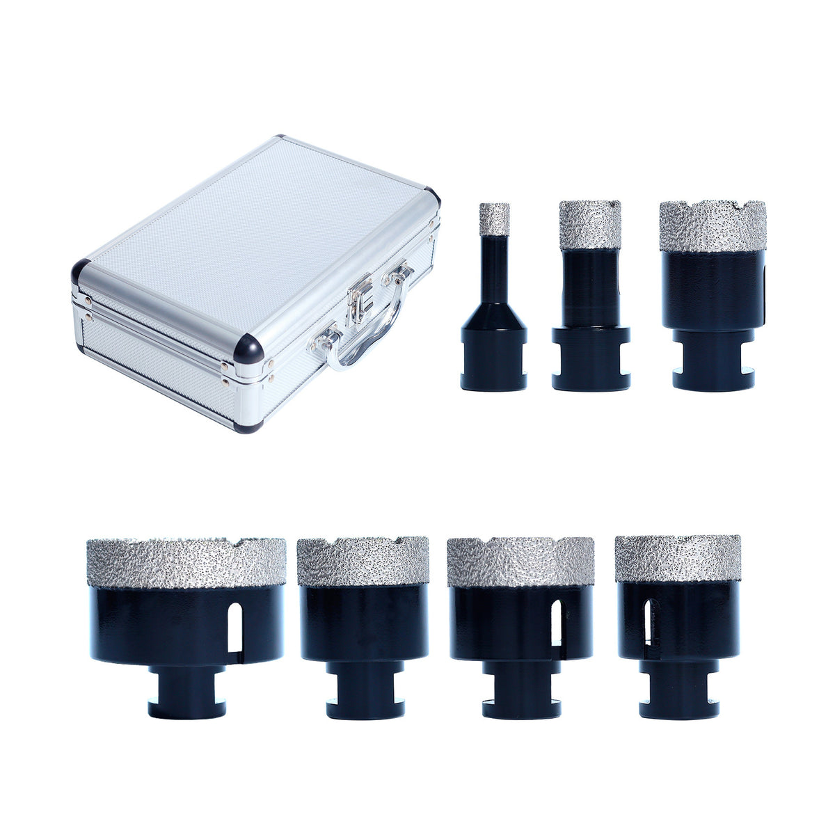 Actual 7-piece black m14 diamond hole saw set on white