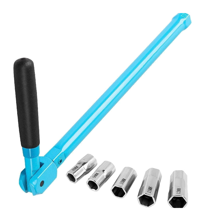 Actual folding-handle basin driver with five 8-12mm sockets, six primary pieces total