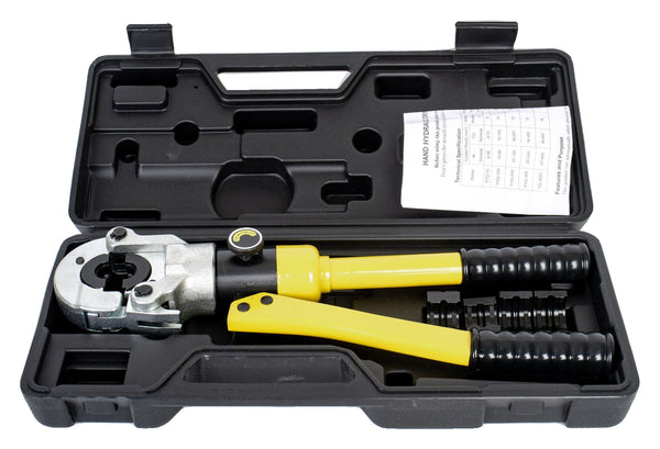 The gallery shows one yellow compact pipe-press tool in an open black case on pure white. Other profile/size packages are not individually pictured.