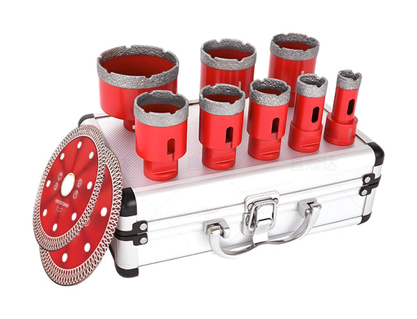 Actual 10-piece red m14 hole saw and blade kit on white