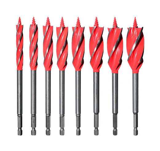 Actual complete red eight-auger-bit assortment with original metal shanks; black, blue and extension-sleeve options differ