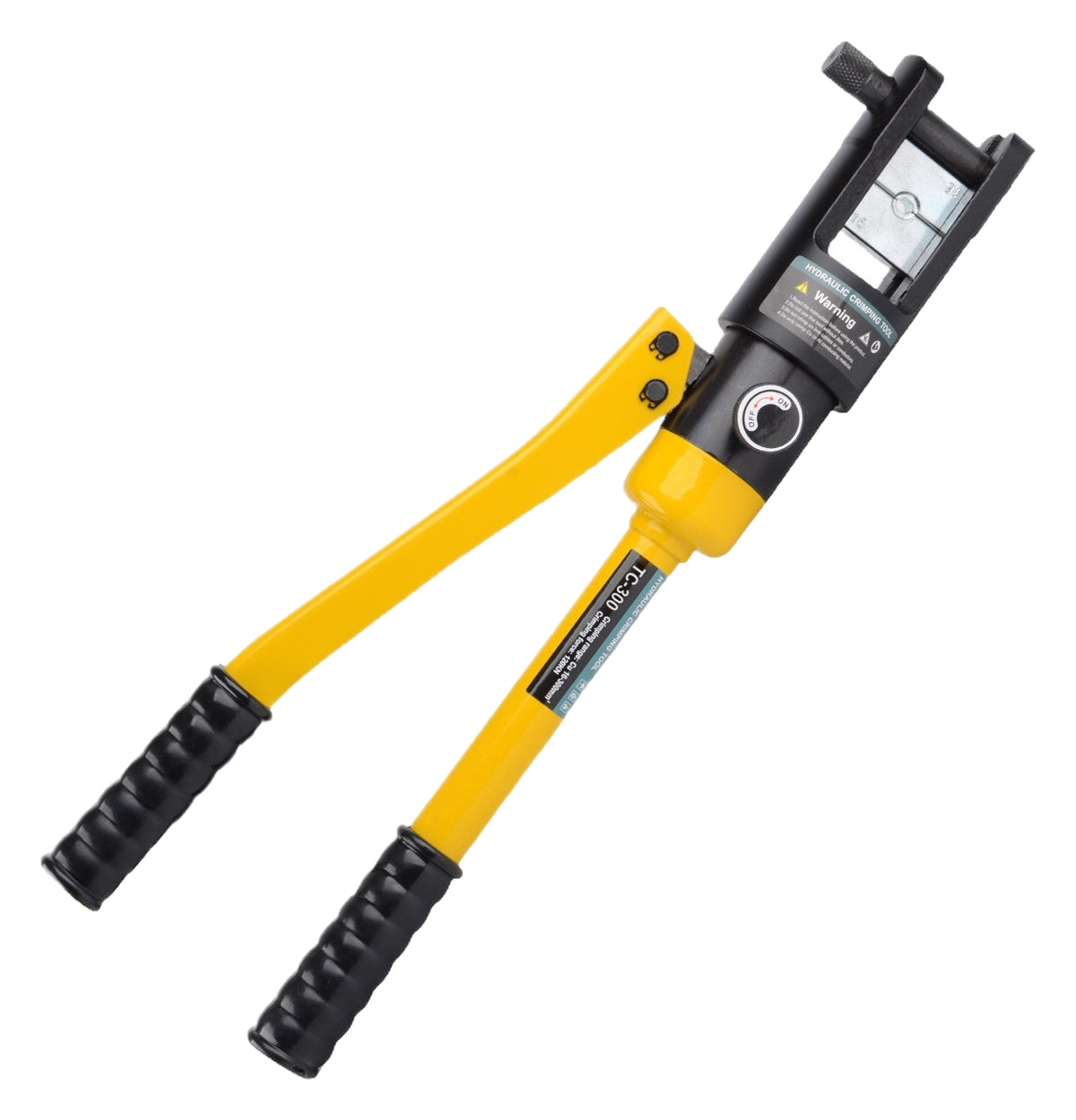 One yellow Tuocheng TC-300 manual hydraulic crimper with black grips on white