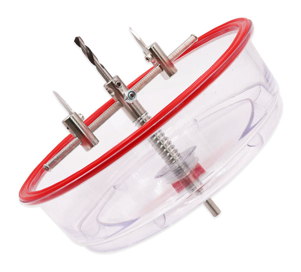 Actual adjustable circle cutter assembly with pilot, cutting arms and transparent guard