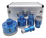 Actual 5-piece blue m14 tile hole saw kit on white