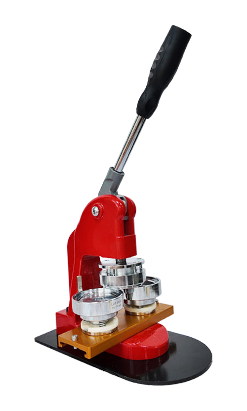 Compact red manual badge press with fitted round tooling