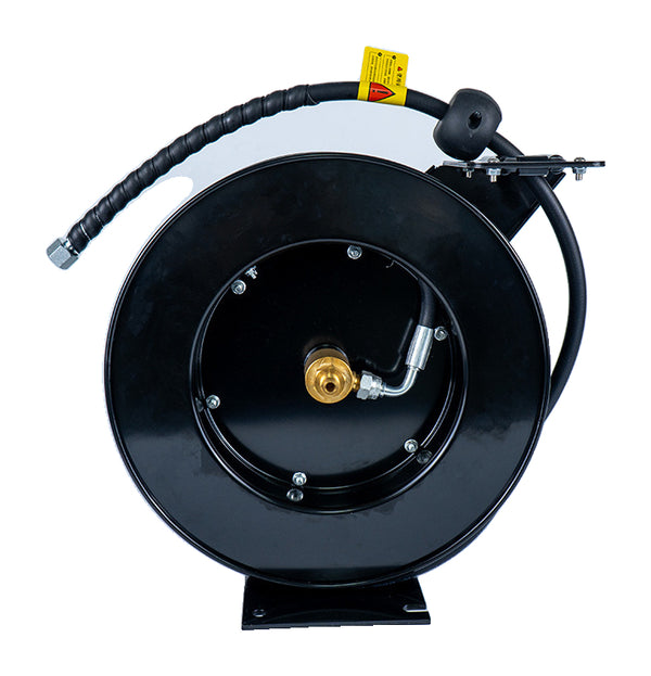 Actual open-frame pressure-hose reel with 10m source hose configuration