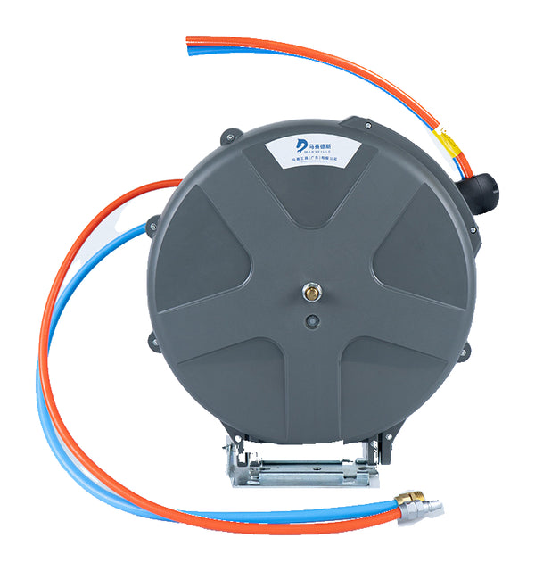 Actual twin-hose reel with original paired hoses and mounting bracket; source framing crops the inlet hose ends