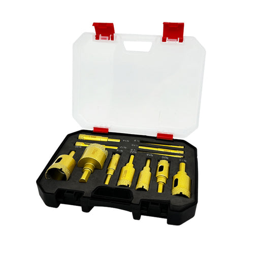 Actual 12-piece yellow diamond tile drill set on white