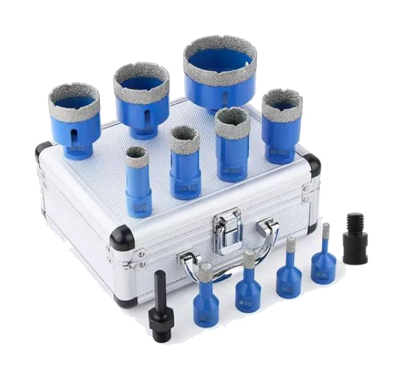 Blue thirteen-tool kit layout with eleven diamond cutters, two adapters and case; thread is not measured by this image