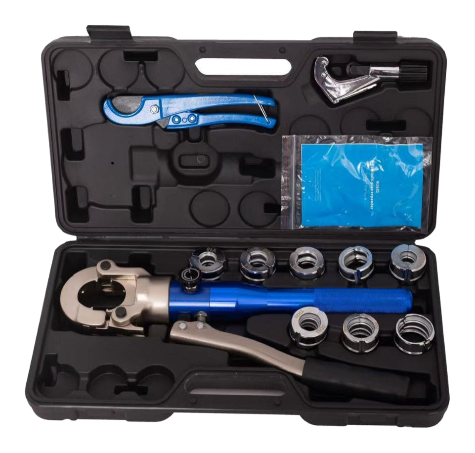 Blue hydraulic pipe press with TH and U dies and preparation tools in an open black case on white