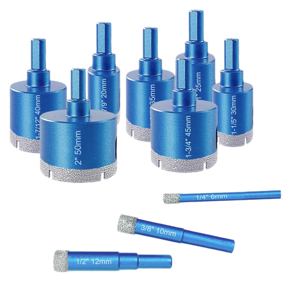 Ten blue drill-shank diamond cutters in6/10/12/20/25/30/35/40/45/50mm; optional spade bit not pictured