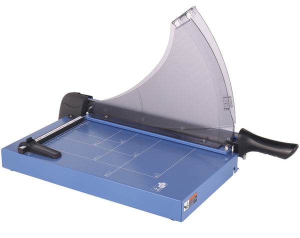 A4 guillotine paper cutter with translucent guard and lever handle