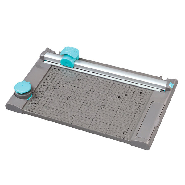 A4 rotary paper trimmer with grid-marked base and sliding cutter