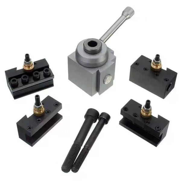 Quick-change lathe toolpost blocks and adjustment parts on white background