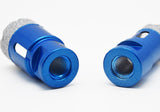Close view of two threaded ends on the blue cutters.