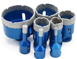 Eight blue cutters from the kit shown outside their case.