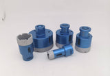 Five blue cutters outside the case, showing threaded backs, rims and side slots.