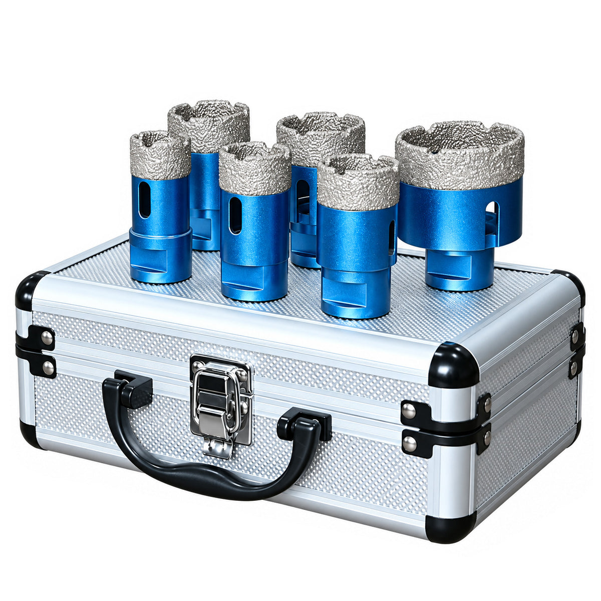 Six blue cup cutters displayed on their included closed storage case.
