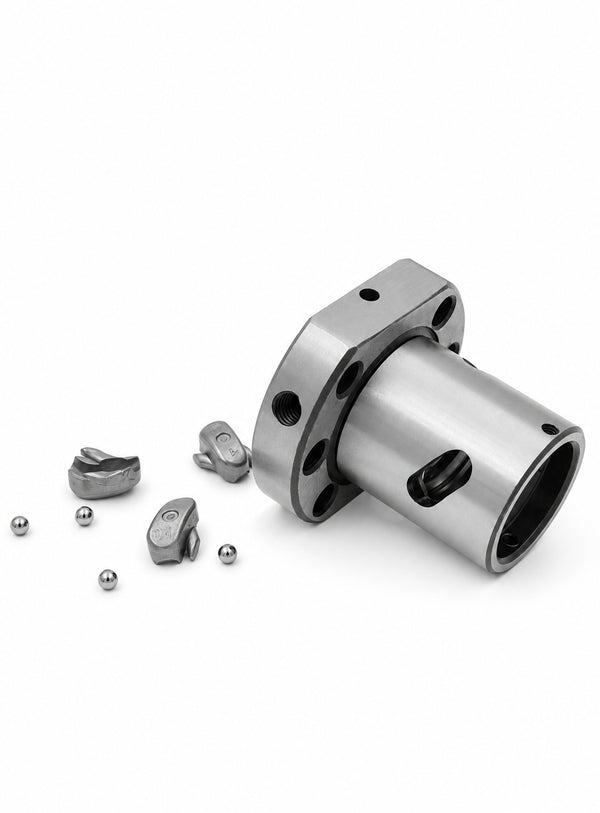 C7 ball-screw nut and visible ball-return components on white background