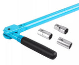 Folded blue basin-driver joint and three of its sockets in a close view.