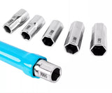 Five socket sizes, with the 9 mm size also shown fitted to the driver as a demonstration.