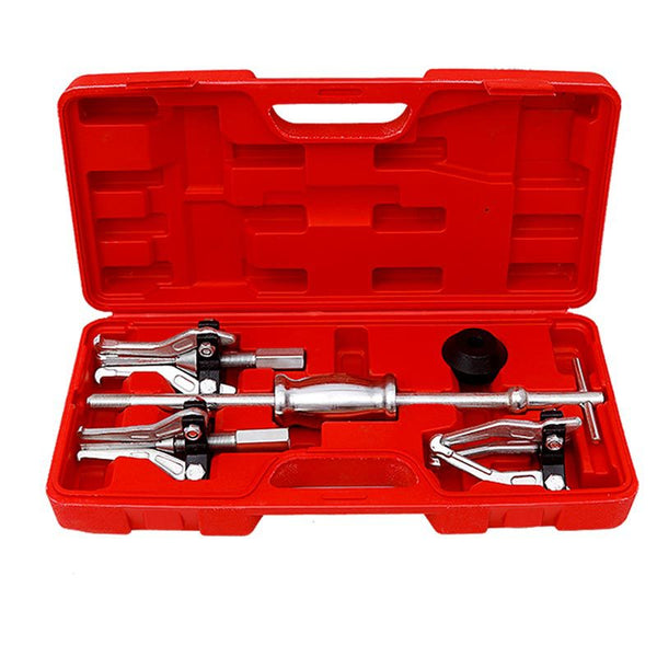 Five-piece internal and external three-jaw slide hammer puller kit with red storage case