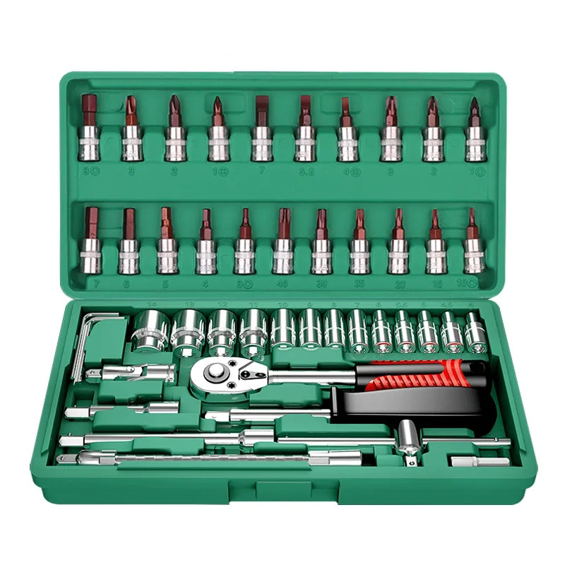 46-piece mechanic hand tool set arranged in green storage case