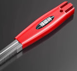 Red basin-wrench handle and toothed shaft in a close view.