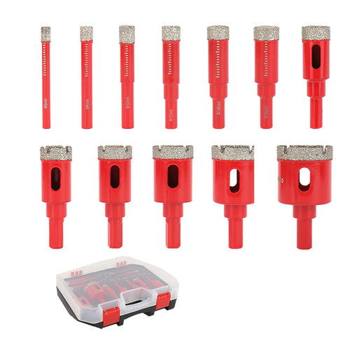 Twelve red drills laid out by size, with their storage case shown separately.